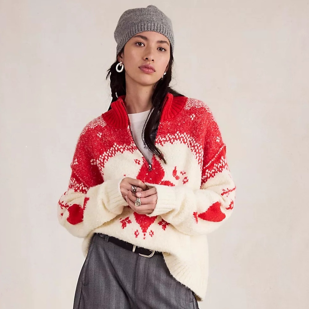 NWT Free People Mythical Knit Fair Isle Heart Pullover Sweater - Picture 2 of 7
